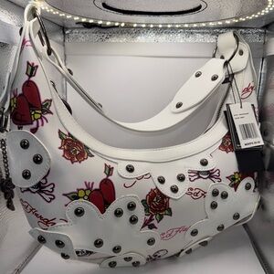 Ed Hardy Skull Heart Rose Purse Y2K Gunmetal Shoulder Bag